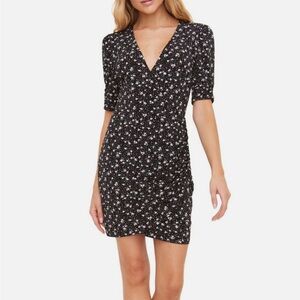 All In Favor Ruched Minidress Medium Black Short Sleeve with purple flowers